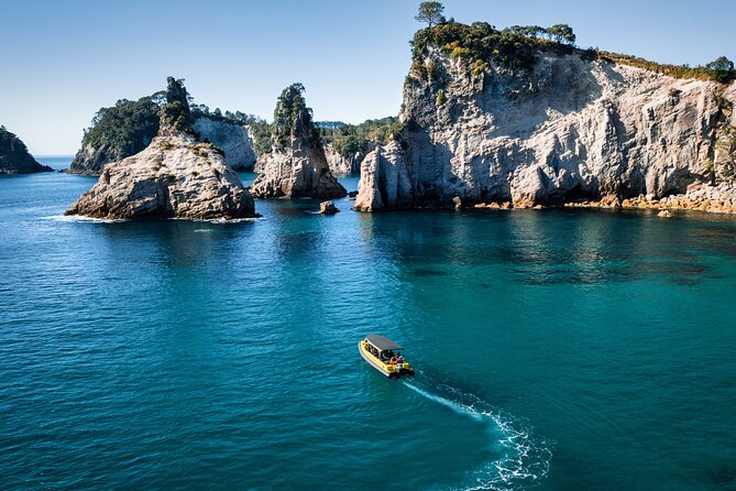 2 Hour Cathedral Cove and Volcanic Coast Cruise with Shade Canopy - Cathedral Cove, seen from the marine reserve