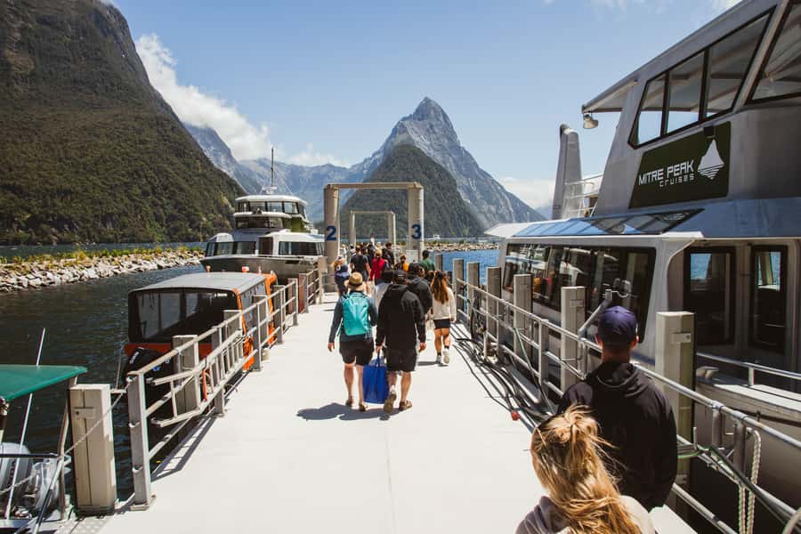 Milford Sound: 2-Hour Small Boat Scenic Cruise - Leaving Milford Sound Wharf beneath Mitre Peak