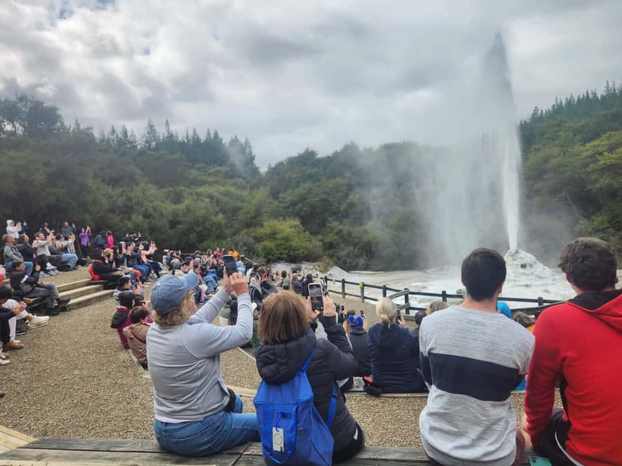 Rotorua & Taupo DayTour Waiotapu & Huka Falls from Auckland - Lady Knox Geyser adds a dramatic burst of steam