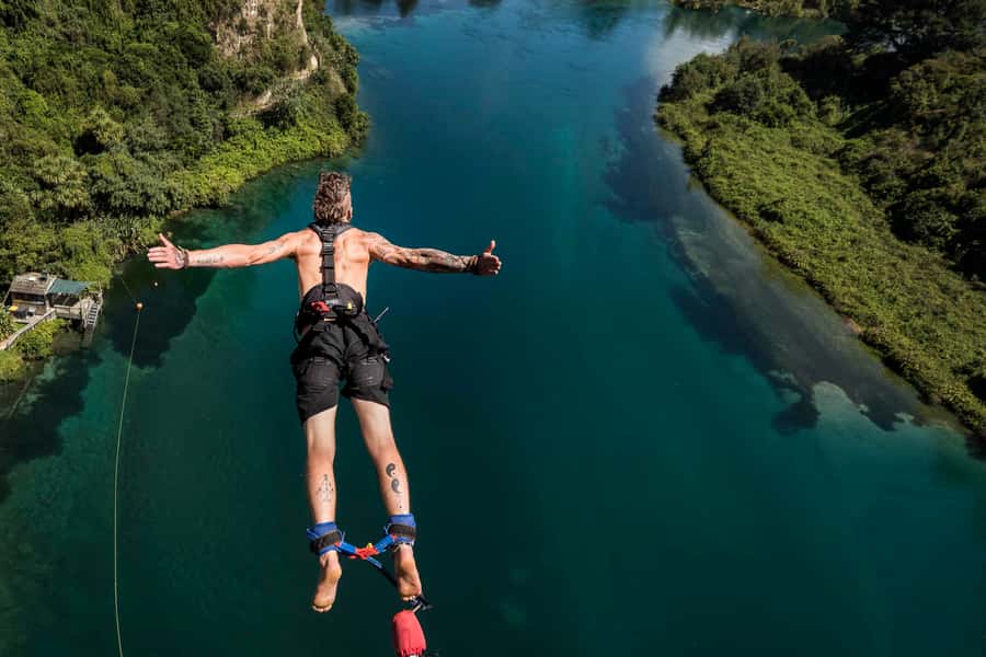Taupō: AJ Hackett Taupō Bungy - NZ's Highest Water Touch! - The Jump and the Waikato View